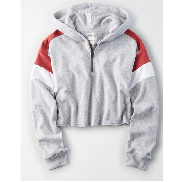 American Eagle Cropped Quarter Zip Hoodie Colorblock Gray White Red Size XXS - Picture 1 of 8